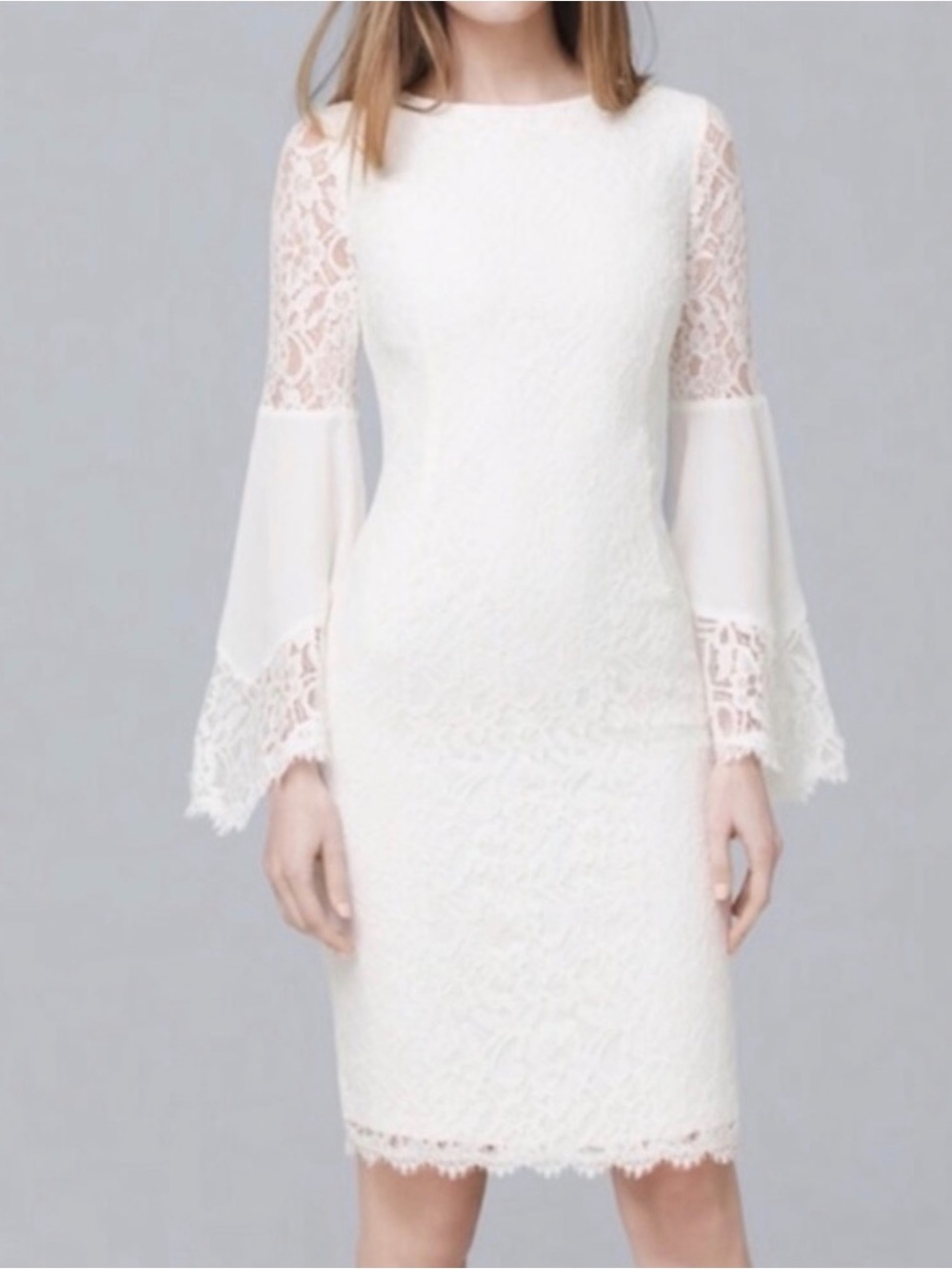 White House Black Market Ivory Lace Midi Dress with Bell Sleeves